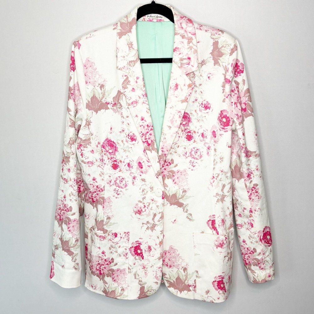 For Love & Lemons Pink Floral Cotton Blazer White Mint Green Size Small - Picture 10 of 10
